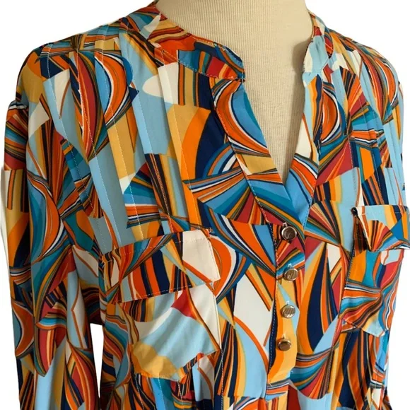 COCOMO XL 3/4 sleeve blue orange multicolored women’s pintuck Blouse top… - Picture 8 of 14